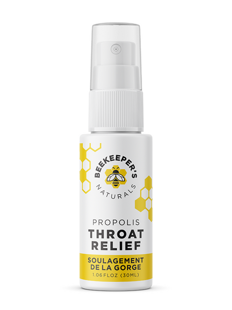 A propolis throat spray from Beekeeper's Naturals. Contains over 300 beneficial vitamins, minerals, and compounds, making it a great defense during sniffles season.