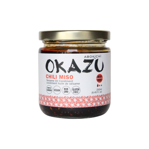 A jar of Abokichi chili miso. Drizzle on dishes for a chili punch.