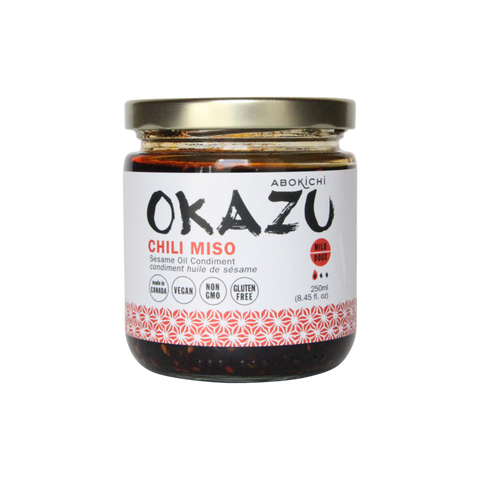 A jar of Abokichi chili miso. Drizzle on dishes for a chili punch.