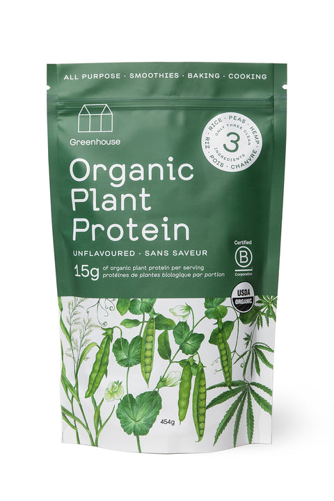 Organic Plant Protein. A bag of pea, brown rice, and hemp protein powder.